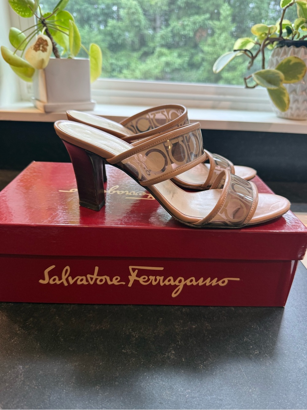 Vintage Salvatore Ferragamo Tan Logo Double-Strap Slide Mules - Picture 2 of 7